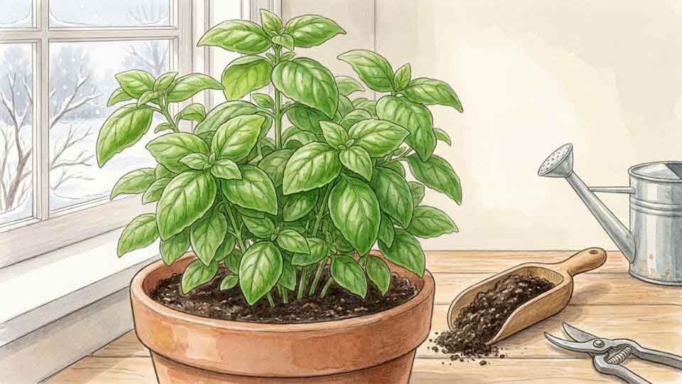 Manjericão em vaso com folhas saudáveis durante os cuidados de inverno