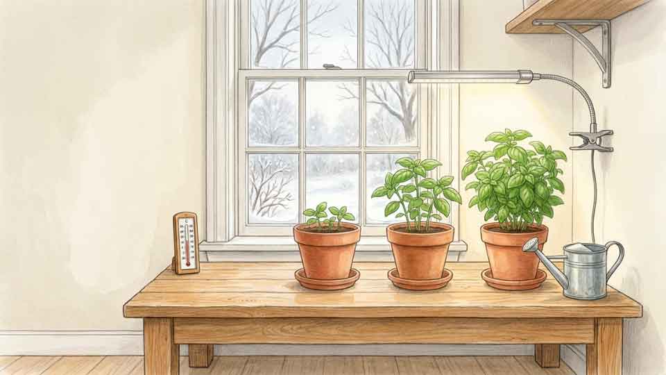 Ambiente Interno para Manjericão no Inverno Ambiente interno preparado para cultivar manjericão durante o inverno