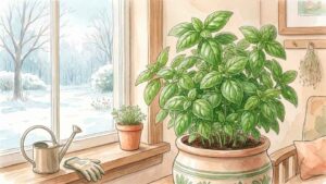 Manjericão cultivado dentro de casa no inverno próximo a uma janela iluminada