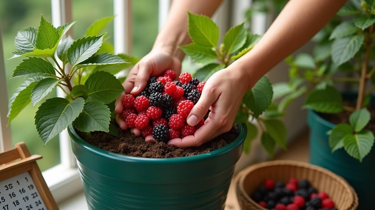 Colheita, produtividade e calendário da amora em vaso