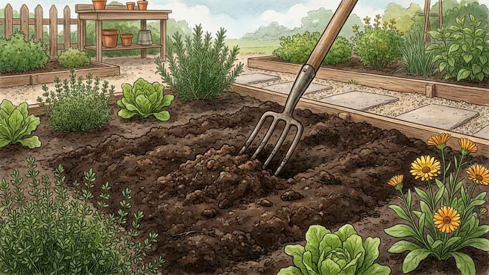 Composto orgânico sendo incorporado à superfície de um canteiro para horta