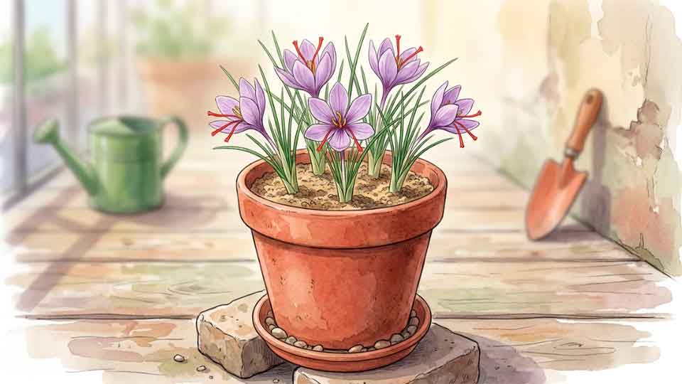 Açafrão-verdadeiro Crocus sativus cultivado em vaso com boa drenagem