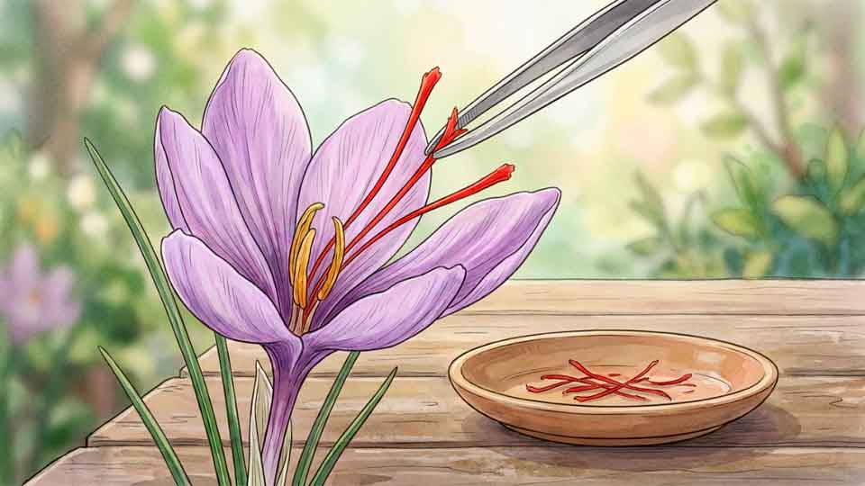 Três estigmas vermelhos sendo retirados de uma flor de Crocus sativus