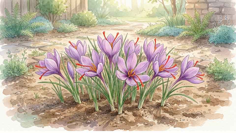 Flores de açafrão-verdadeiro Crocus sativus cultivadas em canteiro