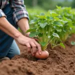 Agricultor verifica no solo o desenvolvimento de uma batata-doce antes da colheita