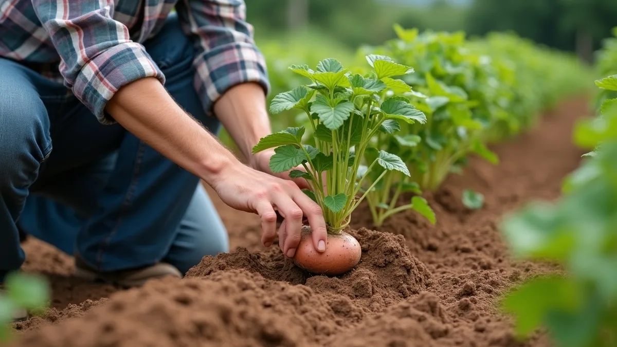 Agricultor verifica no solo o desenvolvimento de uma batata-doce antes da colheita