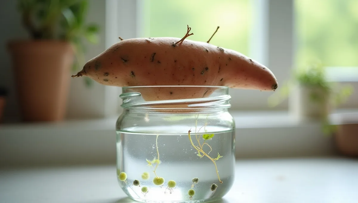 Batata-doce apoiada com parte na água Batata-doce apoiada sobre um pote de vidro, com a base na água e a parte superior exposta