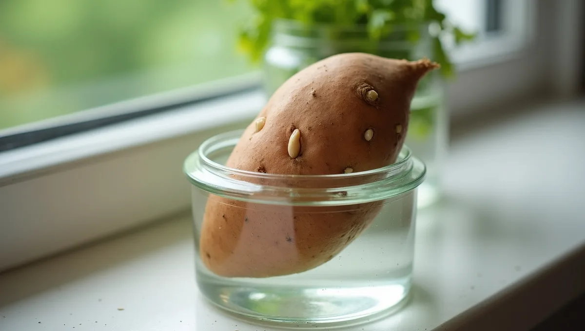 Pequenos brotos surgindo na batata-doce Batata-doce parcialmente na água com pequenos brotos surgindo na parte exposta