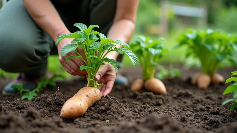 Avaliação da batata-doce antes da colheita Pessoa observa folhas de batata-doce no canteiro antes de escavar as raízes