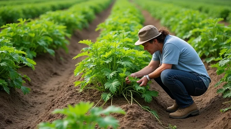 Observação da folhagem antes da colheita Pessoa observa a folhagem de uma planta de batata-doce antes da colheita