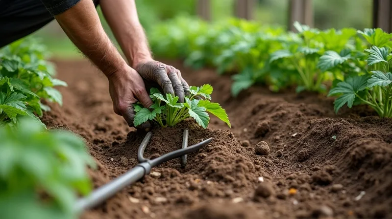 Preparação cuidadosa para colher batata-doce Jardineiro afasta as ramas e identifica a área da batata-doce antes de iniciar a escavação