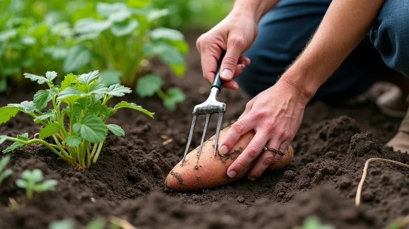 Escavação cuidadosa da batata-doce Pessoa escava cuidadosamente o solo ao redor de uma batata-doce parcialmente exposta