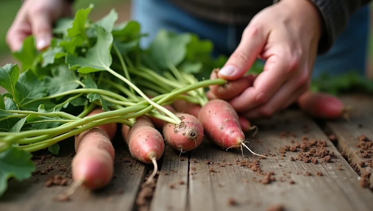 Inspeção da rama de batata-doce antes do plantio Mãos inspecionam uma rama de batata-doce com folhas, nós e raízes visíveis antes do plantio