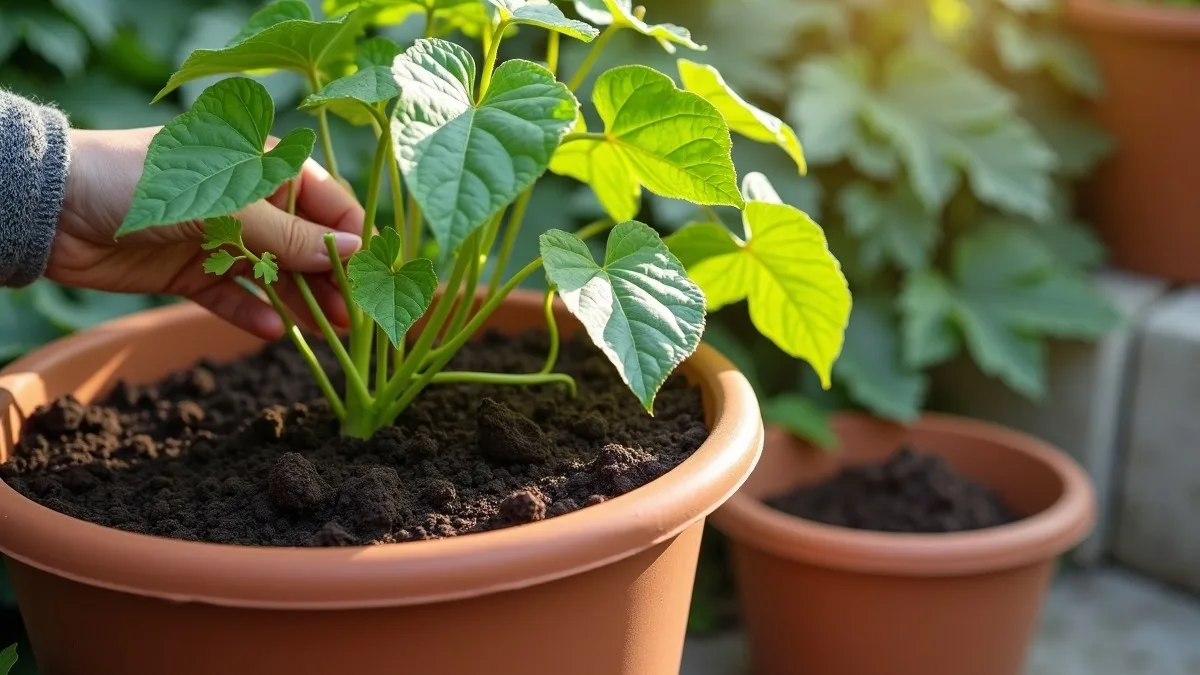 Pessoa verifica o solo de uma batata-doce em vaso com pequena porção de composto orgânico ao lado
