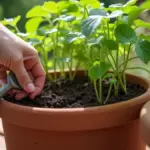 Mão verifica a umidade do solo junto a uma batata-doce cultivada em vaso
