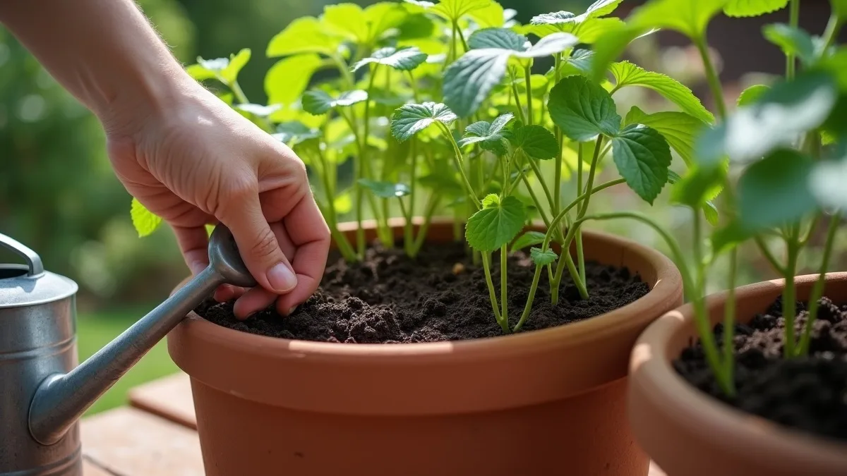 Mão verifica a umidade do solo junto a uma batata-doce cultivada em vaso