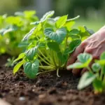 Mão orienta as ramas de uma batata-doce plantada sobre o solo úmido da horta