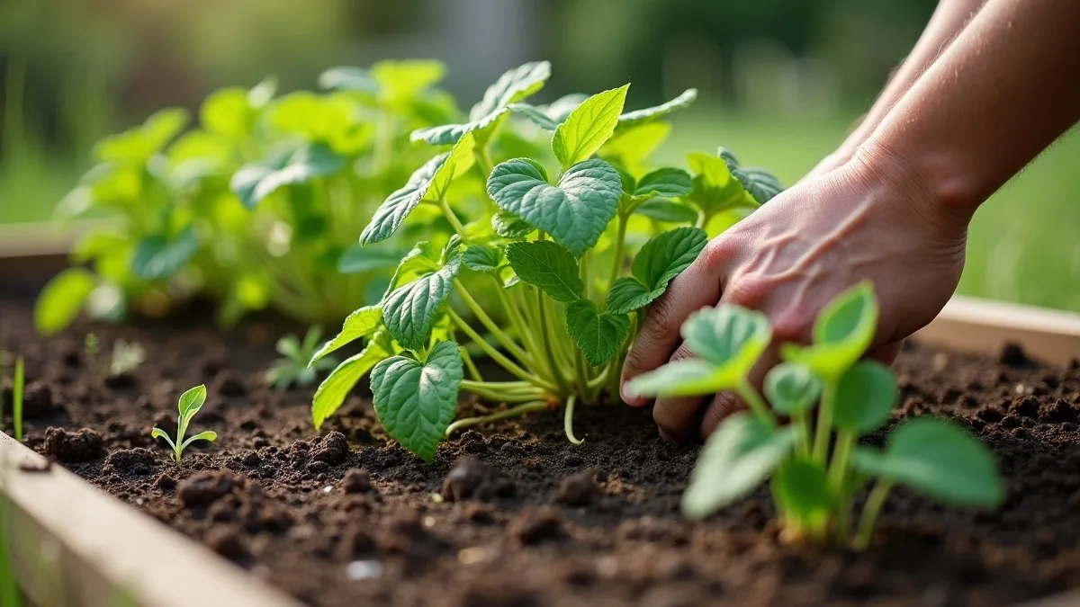 Mão orienta as ramas de uma batata-doce plantada sobre o solo úmido da horta