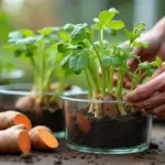Batata-doce com brotos e rama sendo separada para formar muda em uma bancada de cultivo doméstico