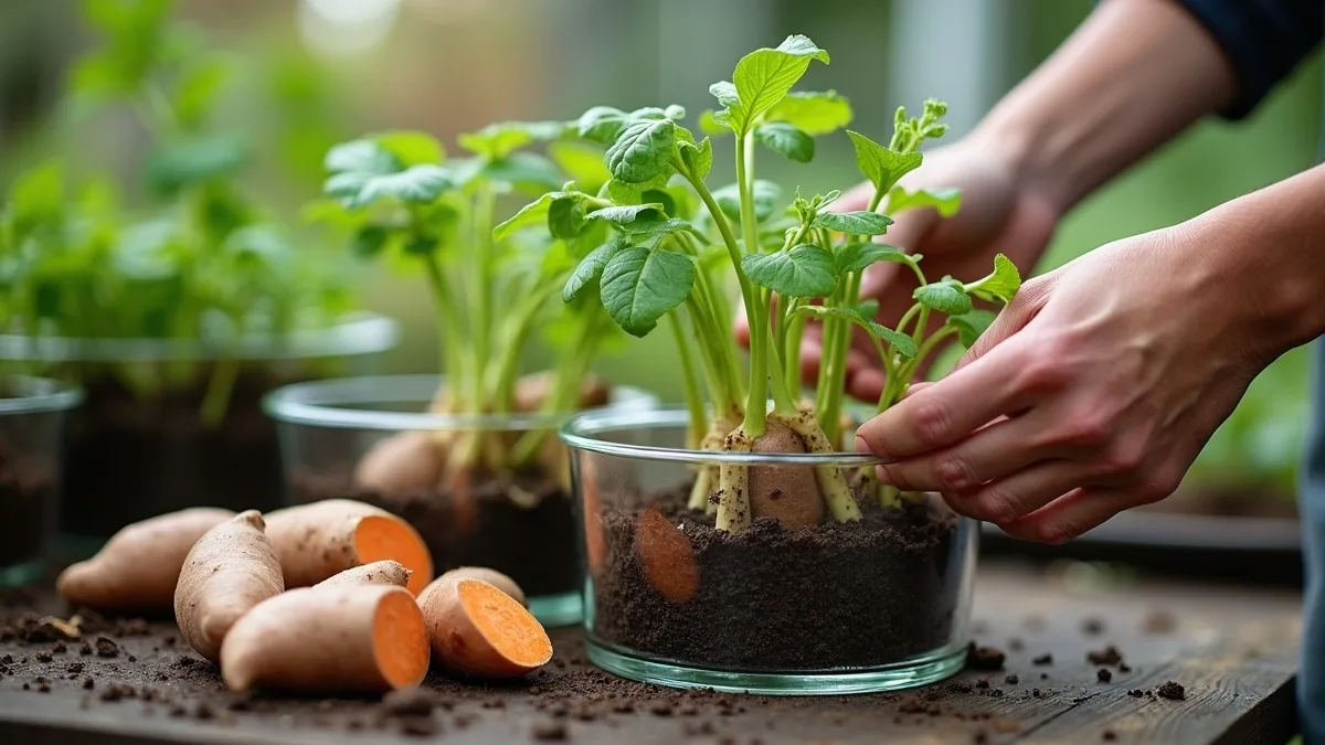 Batata-doce com brotos e rama sendo separada para formar muda em uma bancada de cultivo doméstico