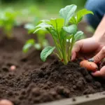 Mãos plantando uma muda de batata-doce em um canteiro de horta caseira