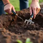 Mãos soltando e avaliando o solo de um canteiro para plantar batata-doce