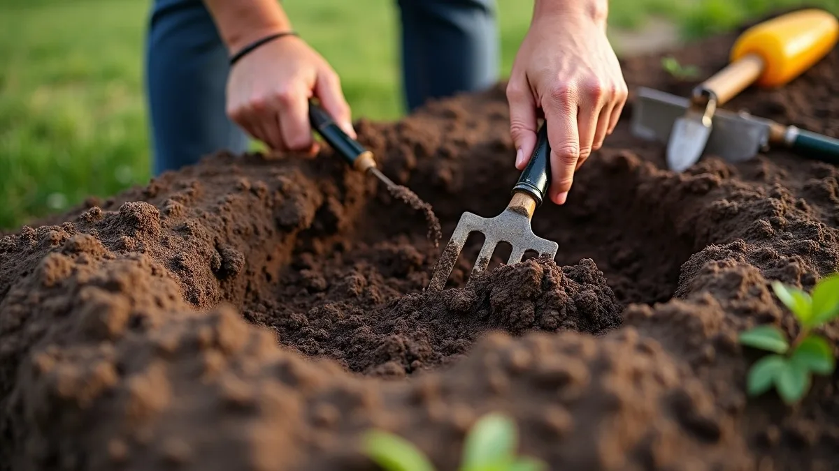 Mãos soltando e avaliando o solo de um canteiro para plantar batata-doce