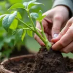Mãos inspecionam uma muda de batata-doce com folhas, nós e raízes visíveis.