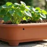 Vaso largo com batata-doce e furos de drenagem visíveis na base